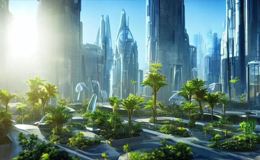 Prompt: futuristic modern city with plants growing. daylight. sunlight. lens flare. light fixtures. 8 k. detailed. photorealism. artstation. 2 5 mm f / 1. 7 asph lens. ultra realistic