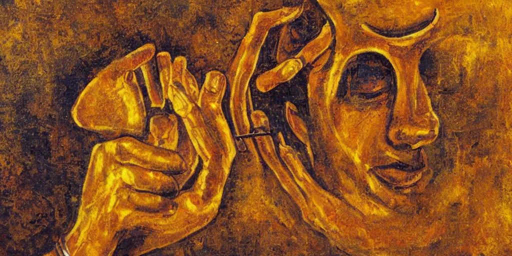 Image similar to golden abstract painting of a man removing a nail from his third eye