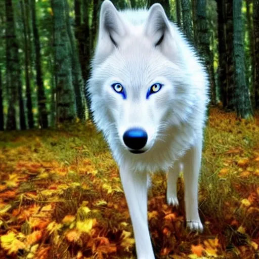 Image similar to white wolf with blue eyes in the autumn forest, blue eyes, realistic, 8 к, fullbody