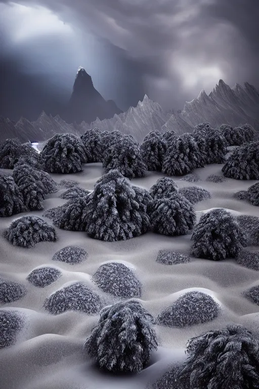 Prompt: 3 d render, realistic nature, dark color palate, snowy mountains, stormy weather, 8 k