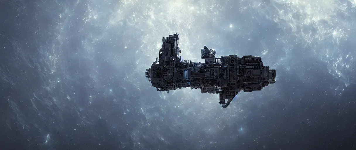 Image similar to illustration, a single small spaceship, deep space exploration, alone, the expanse tv series, industrial design, battlestar galactica tv series (2004), cinematic lighting, 4k, greebles, widescreen, wide angle, sharp and blocky shapes, extraterrestrial paradise, hyper realistic, hubble photography, the final frontier, beksinski