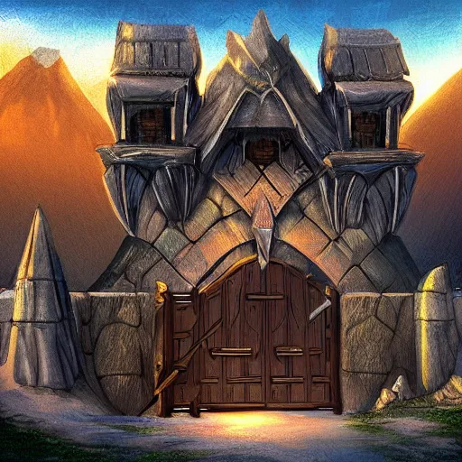 Image similar to beautiful digital painting of front gate of dwarf city of Erebor