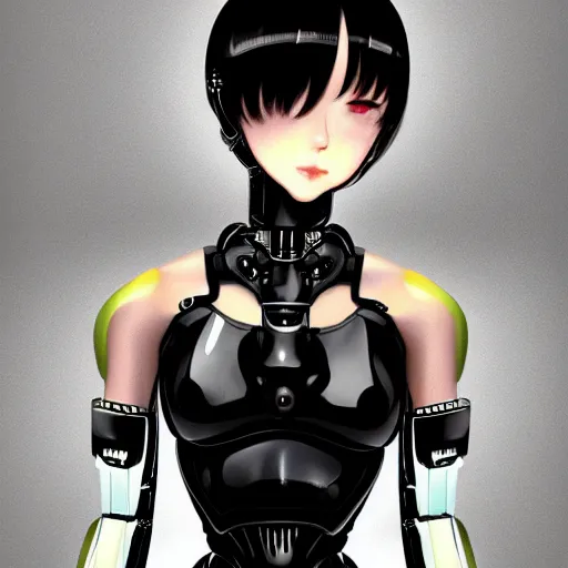 Image similar to beautiful image of a android robot girl with black glossy skin drawn by kawacy, artstation, high quality, highly detailed