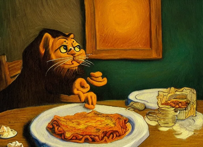 Image similar to detailed realistic realism painting of garfield eating lasagna at dusk, in the style of vincent van gogh and salvador dali and leonardo da vinci