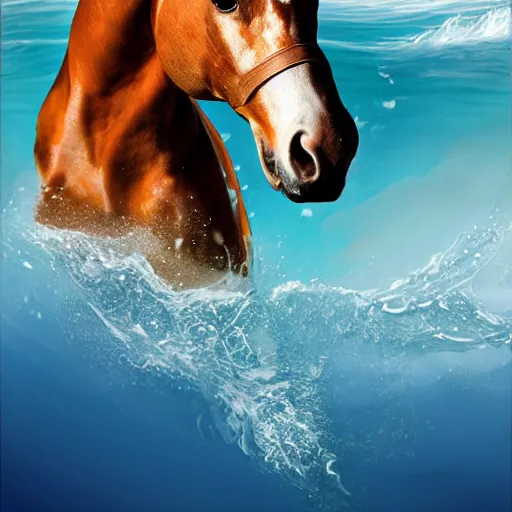 Prompt: horse swimming in the ocean with fork and knife, photorealistic, high detail