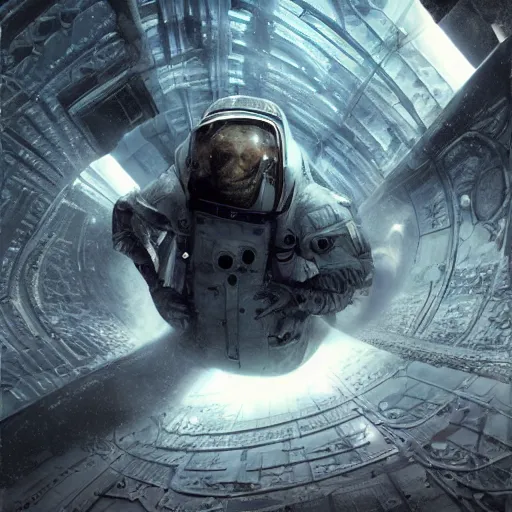 Image similar to concept art by craig mullins astronaut in futuristic dark and empty spaceship underwater. infrared complex and hyperdetailed technical suit. mandelbulb fractal. reflection and dispersion materials. rays and dispersion of light. volumetric light. 5 0 mm, f / 3 2. noise film photo. flash photography. unreal engine 4, octane render. interstellar movie art