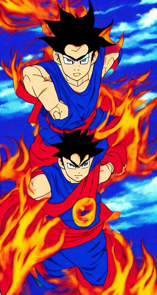 Prompt: Sangoku super power, fire in background, anime manga style