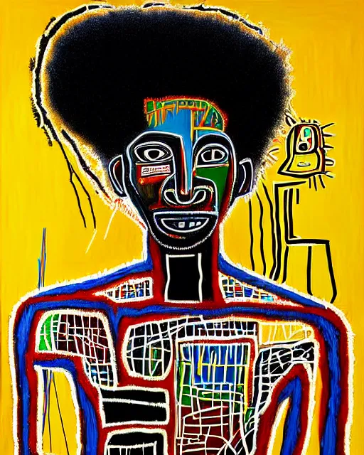 Image similar to high detailed !dream A extremely ultra highly detailed majestic hi-res beautiful immaculate head and shoulders award winning painting stunning masterpiece of the face of a strong black african man with an afro by Jean-Michel Basquiat, 8k, high textures, ultra hyper sharp, insanely detailed and intricate, super detailed, 8k HDR ultra high quality