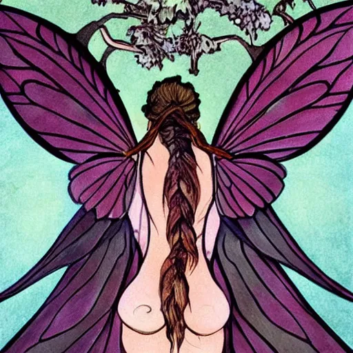 Prompt: a fairy seen from behind, with beautiful wings, in the woods, art nouveau style