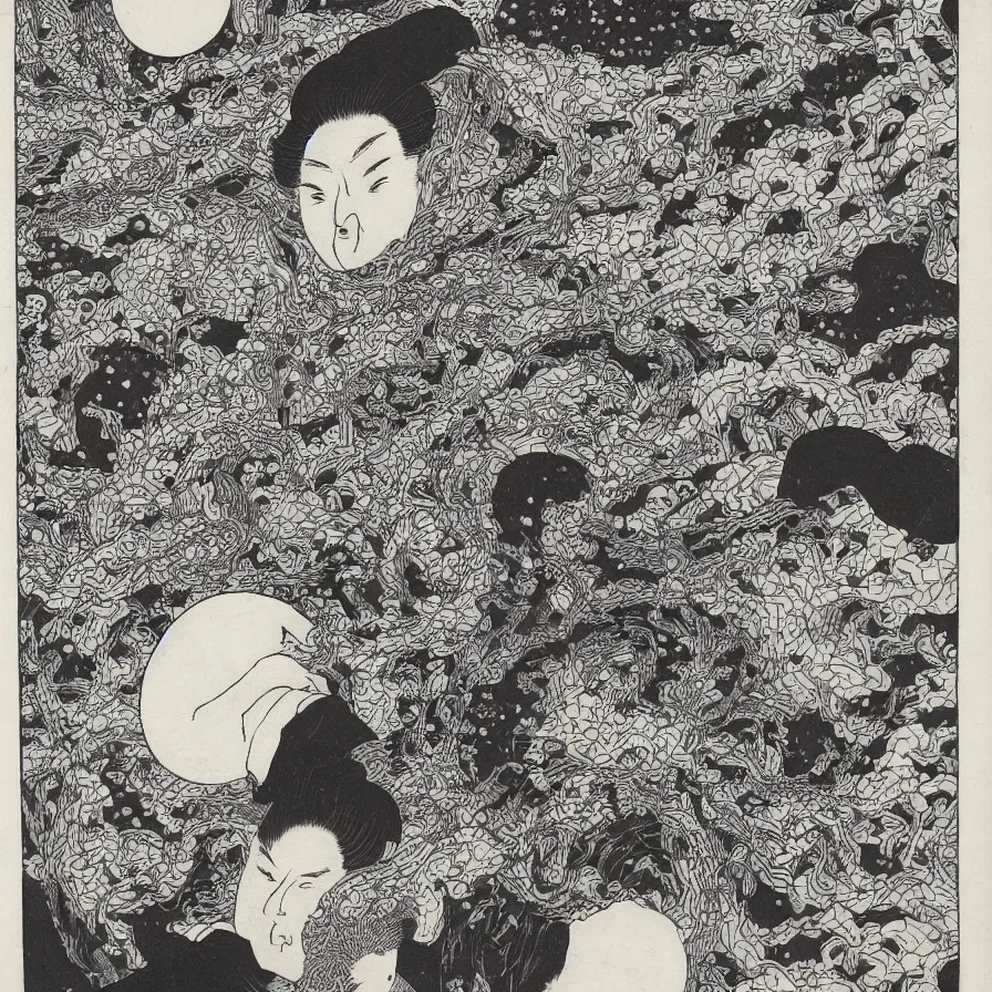 Prompt: Beautiful isometric print of a Human Head made out of geometric lego bricks in the darkness of outer space in the style of Kuniyoshi and Hiroshige and Hokusai, high contrast!! finely carved woodcut engraving black and white crisp edges