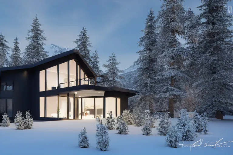 Image similar to modern modern fachwerk house with in the forest on the foot of Elbrus mountain covered by snow on the background, architecture, 3d render 8k , high details