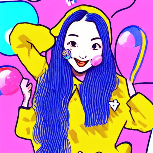 Image similar to an illustration that caricaturizes im nayeon of twice, highly detailed, refined spontaneity, colorful, bubbles, candy - coated, sugary sweet, yellows and blues