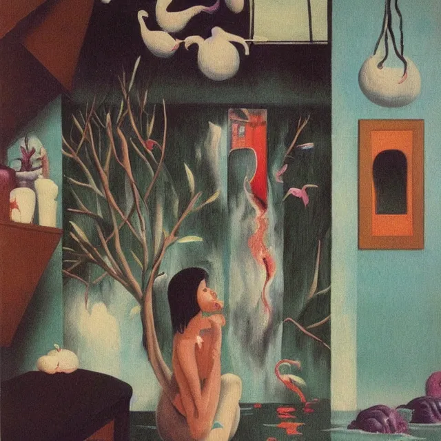 Image similar to tall female emo vegan socialist artist in their flooded apartment, painting of flood waters inside an artist's home, a river flooding indoors, pomegranates, pigs, ikebana, zen, water, octopus, river, rapids, waterfall, black swans, canoe, berries, acrylic on canvas, surrealist, by magritte and monet