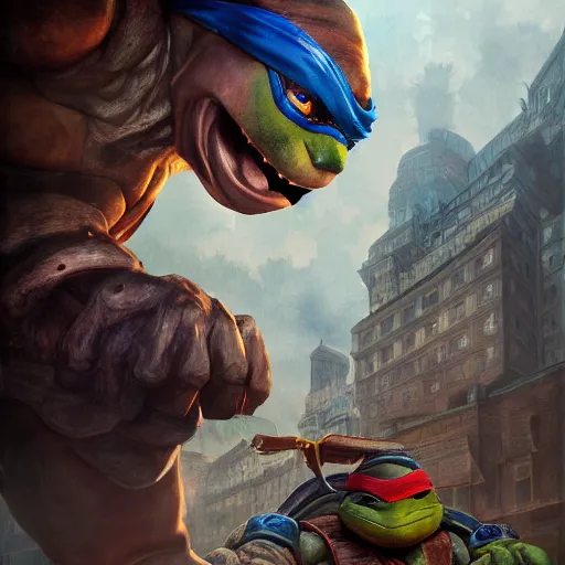 Image similar to teenage mutant ninja turtle, handsome, portrait, intricate, detailed, volumetric lighting, scenery, digital painting, highly detailed, artstation, sharp focus, illustration, concept art, ruan jia, steve mccurry