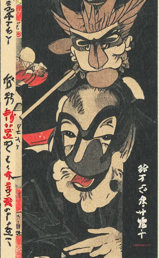 Prompt: by akio watanabe, manga art, a man masked as tengu sitting and smoking, abandoned japaense village, trading card front