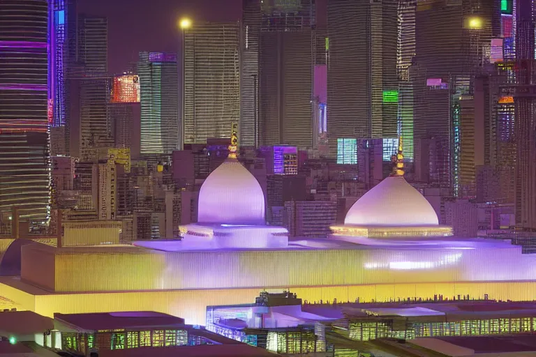 Prompt: exterior view of istiqlal mosque tokyo at night, promotional architectural photo, but in setting of japanese cyberpunk, neon tones