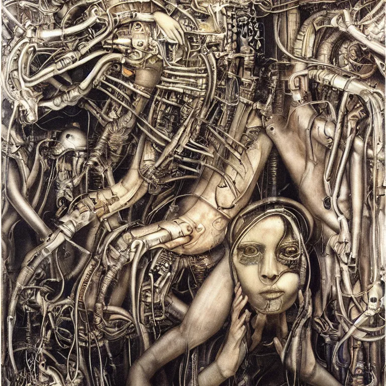 Prompt: album cover, woman absorbed by machines, herman nitsch, giger. airbrush, high detail.