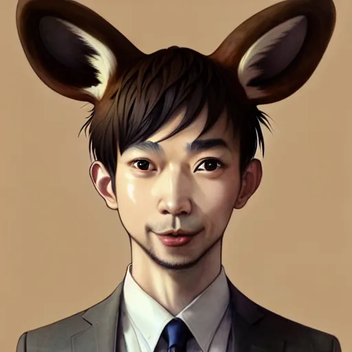 Image similar to character design portrait of a stupid chinese anthropomorphic furry deer man with deer ears, short brown hair, wearing a suits, looking at the camera, 4 k, concept art, by wlop, wenjun lin, watercolor, ilya kuvshinov, artgerm, krenz cushart, pixiv.