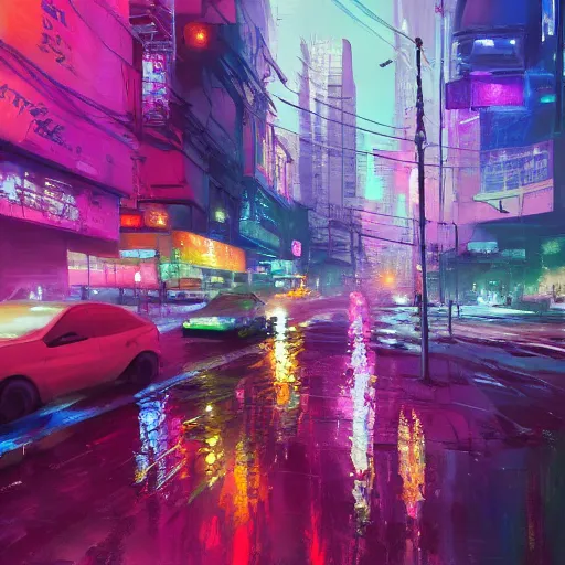 Image similar to acrylic painting, impressionism and expressionism, strong emotional impact, bold pastel colors, expressive brushstrokes, overall sense of movement in the composition. a cyberpunk streetscape lined with beautiful flowers, by liam wong and tyler edlin, trending on artstation