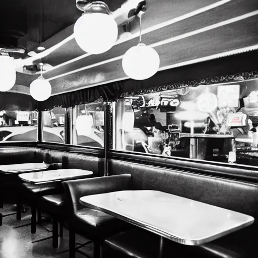 Image similar to inside of a diner with alien waiters, cozy lighting, late night, photo