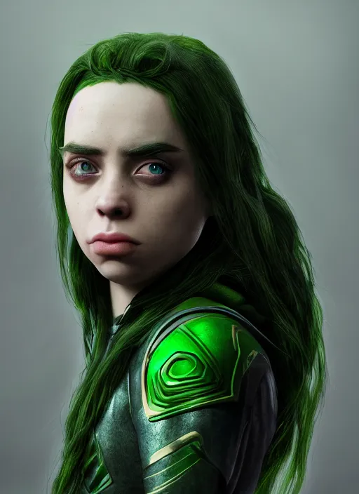 Image similar to billie eilish as female loki by Nixeu, Ian Sprigger, WLOP, Sakimichan, trending on artstation, hyper realistic, smooth octane render