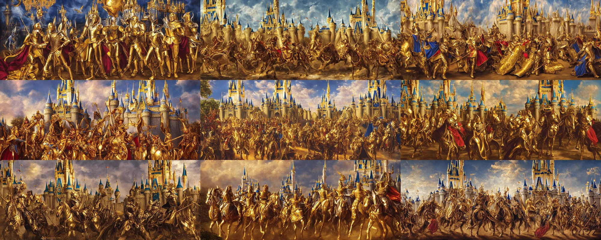 Prompt: Magic Kingdomwith knights in golden armor and beautiful princesses, full portrait, high detail, high modernization, hyper realism