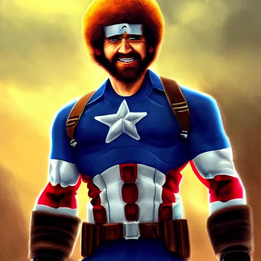 Image similar to Bob Ross smiling as captain america, digital art, concept art, sunset sky in the background, symmetrical, highly detailed, high quality, concept art, Deviant Art