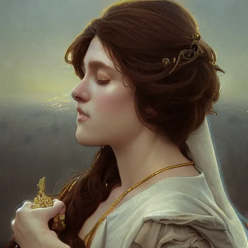 Image similar to jesus kissing a maria maddalena, intricate, elegant, highly detailed, digital painting, artstation, concept art, matte, sharp focus, illustration, art by artgerm and greg rutkowski and alphonse mucha