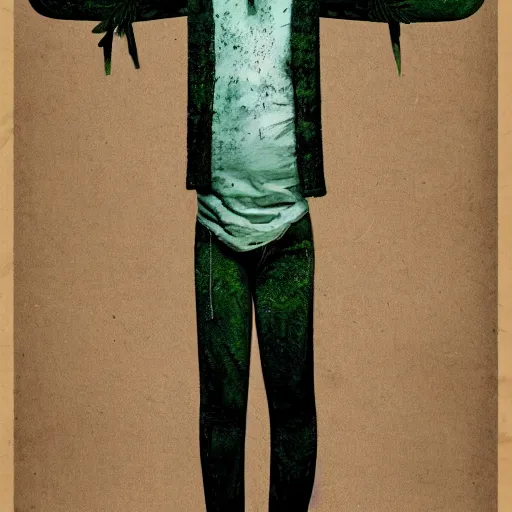 Image similar to fern green by ed brubaker rigorous, fine. installation art. a man with a large head & a small body is floating in the air, his arms & legs flailing. his clothes are tattered & he has a wild look in his eyes.