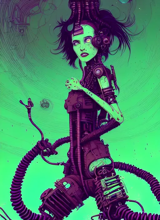 Image similar to highly detailed portrait of a beautiful wasteland punk long dripping green poison hair tribal lady, stray wiring by atey ghailan, james gilleard, by joe fenton, by greg rutkowski, by greg tocchini, by kaethe butcher, 4 k resolution, gradient purple, brown black and white color scheme!!! ( ( green flaming robotic sewer background ) )