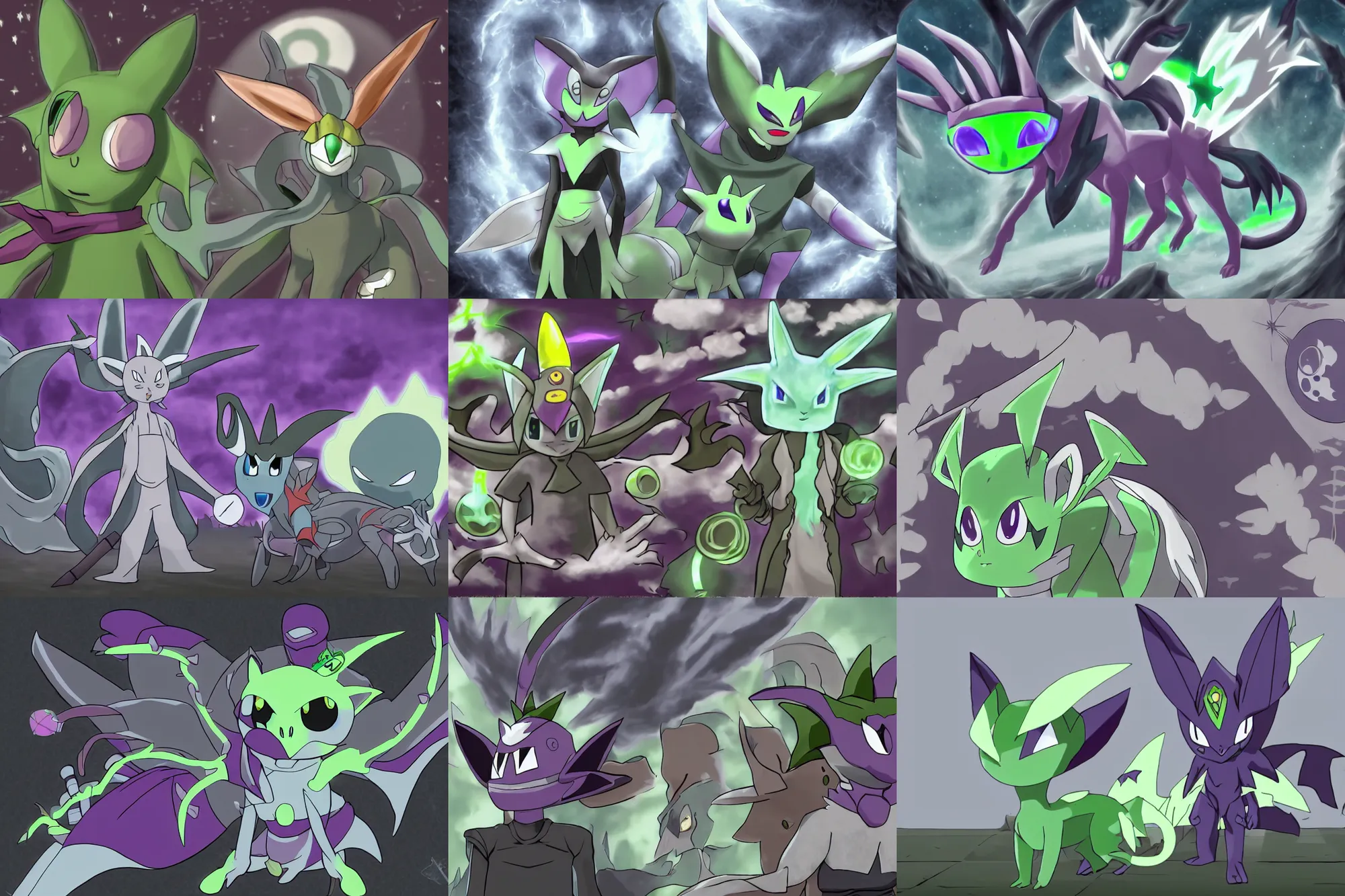 Prompt: grayscale low saturation video game elden celebi : espeons reprisal star valley resident evil mismagius mystery dungeon ultrahd resident eevee wearing bandanna fighting espeon, the old god wearing a witch hat pokemon final gamecube
