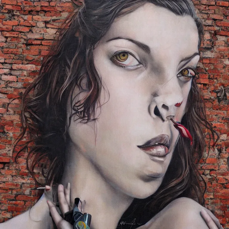Image similar to Street-art portrait of Milica Bogdanivna Jovovich on the red brick wall in style of Etam Cru, photorealism