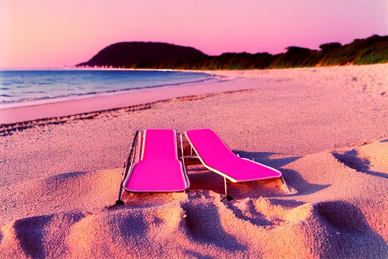 Prompt: a vintage family holiday photo fuji kodak of an empty beach shore with pastel pink sand reflective metallic water and sunbathing equipment at dusk.