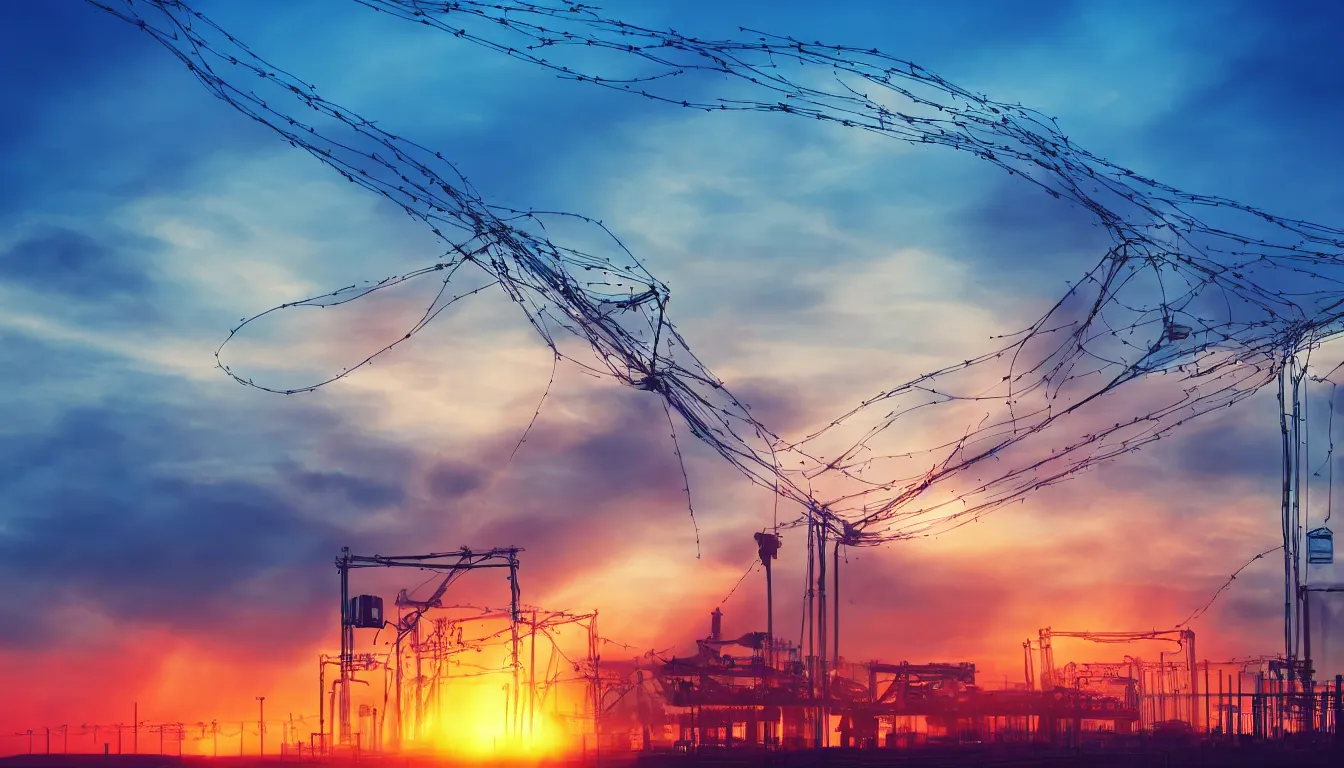 Prompt: huge machine cranes , queues of cars surrounded by barb wire fences, feedback loop , burst of powders ,volumetric lighting, twisting vapour, bellowing dust , emerging seascape and beautiful sunset , full colour , upscale , 4k