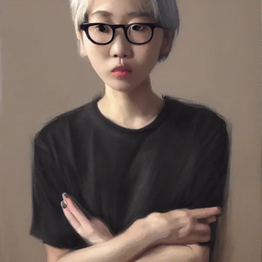 Prompt: portrait of a korean trans girl with very short hair that is slightly blonde at the tips, bedhead, wearing glasses, wearing a black t-shirt, oil on canvas, elegant pose, masterpiece, Jonathan Yeo painting