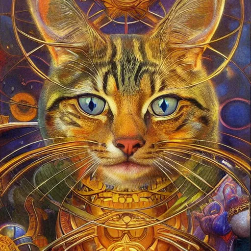 Image similar to highly detailed portrait of a cat shaped psychedelic dmt mecha, painting by gaston bussiere, craig mullins, j. c. leyendecker, lights, art by ernst haeckel, john william godward, hammershøi, alex grey