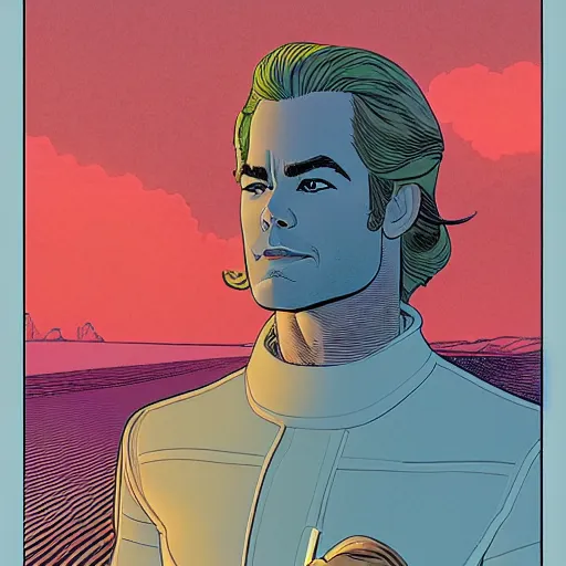 Prompt: chris pine retro minimalist portrait by jean giraud, moebius starwatcher comic, 8 k