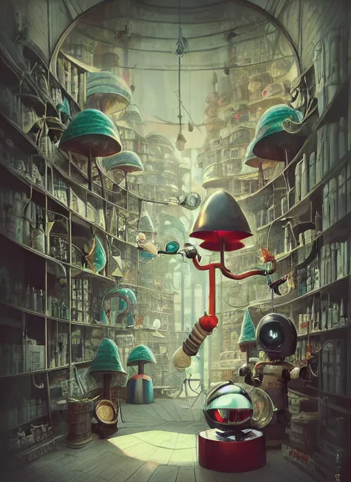 Image similar to a lively and whimsical dark apothecary, cinematic framing, where chrome robots shop grows from the stalk of a giant mushroom, cgsociety, siggraph, dystopian scifi, concept art, set design, oleg oprisco, conrad roset, anka zhuravleva, gediminas pranckevicius