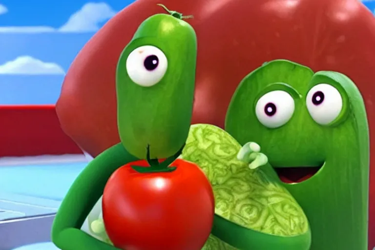 Prompt: still image from an episode of veggietales where bob the tomato chops up larry the cucumber with a big knife