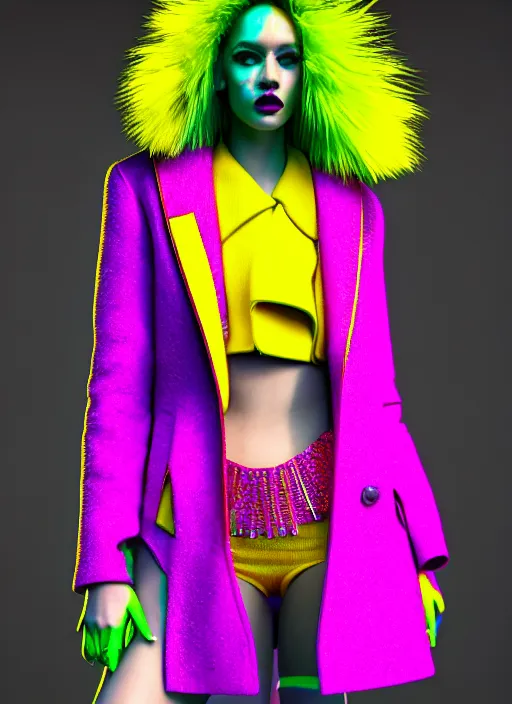 Image similar to stylish coat for a rave, bright colors, many details, prints, photo for a magazine, photo for a store, fashion photography, Vogue, 135 mm, cinematic, hyper realism, high detail, octane render, 8k, chrome accents, very coherent symmetrical artwork, perfect face model, full length photo, Upper and lower body