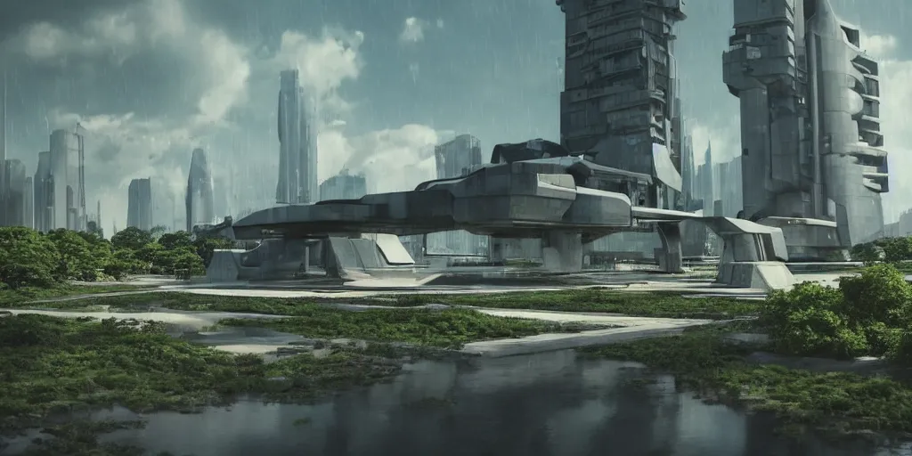 Prompt: futuristic spaceship, on the background brutalist architecture by Le Corbusier, abandoned buildings, empty streetscapes, surrounded by lush green vegetation, ground-level view, puddles of water, stunning volumetric lighting, sunset, trending on Artstation, 8k, photorealistic, hyper detailed, unreal engine 5, cinematic, epic lighting, cryengine, octane render, cyberpunk, red and orange glow, dark, gloomy