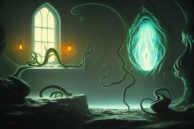 Image similar to dark magician conjures over a vat with a potion, location of a dark old house, a monster with tentacles lies from the door, peter mohrbacher style, ray tracing, octane render, cinematic, digital art, realistic, high quality, 8 k