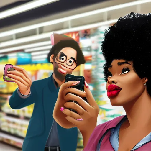 Prompt: stunning, coherent, beautiful painting, still of black bbw woman in wal-mart taking a selfie, a man is following her, 3d, in the style of pixar, comic book style, 3d, highly detailed, highly detailed, sharp focus, bokeh, depth of field, 16k resolution, Unreal Engine 5, coherent, cinematic lighting, photorealistic, by Zhang Jingna