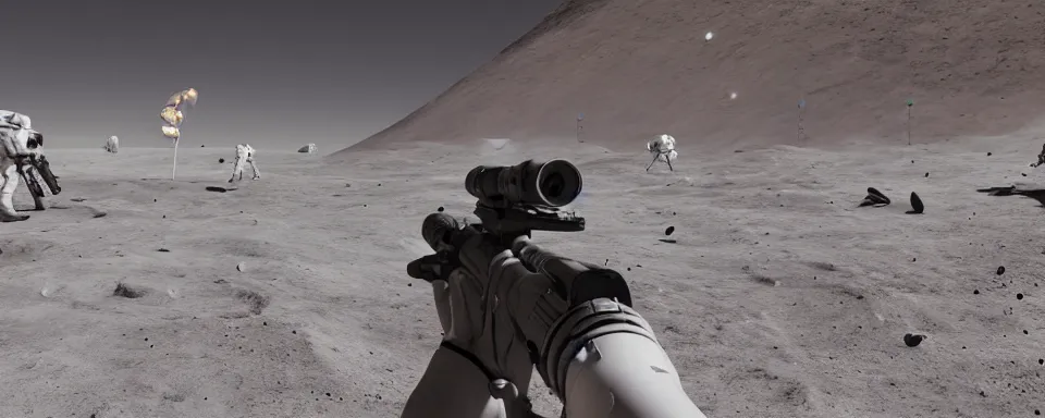 Prompt: gunfight on the moon, photorealistic, cinematic, high - res