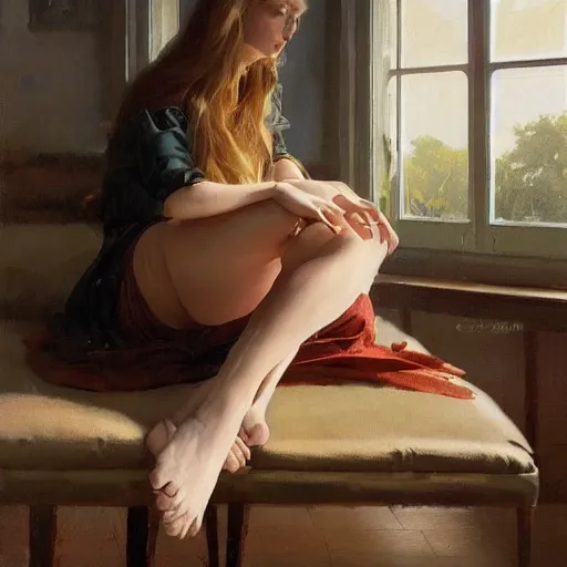 Prompt: sargent and leyendecker and greg hildebrandt, feet portrait of a cute russian girl with long hair in the world of andrew wyeth, stephen bliss, unreal engine, fantasy art by greg rutkowski, loish, rhads, ferdinand knab, makoto shinkai, ilya kuvshinov, rossdraws, global illumination, radiant light, detailed and intricate environment