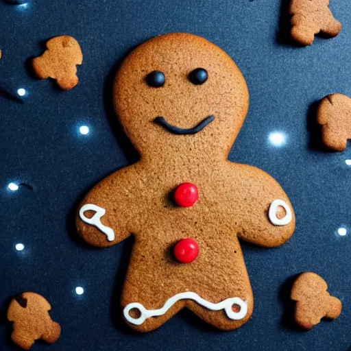 Image similar to a gingerbread man sits in a gingerbread house, contemplating existential dread. is he made of house? or is the house made of flesh? he screams for he does not know.