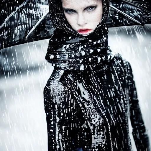 Prompt: close up of a wet fashion model in luxury dress, rainy, official dior editorial, highly detailed