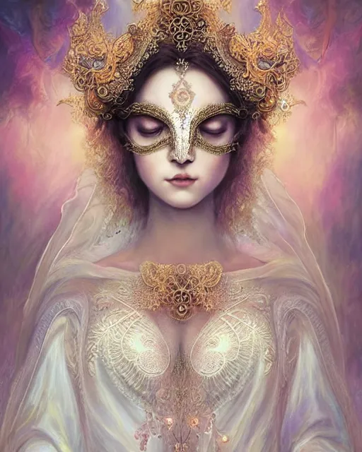 Image similar to beautiful ethereal maiden in a ivory masquerade mask intricate ornate fractal-lace and gemstones, wearing stunning ivory dress, subdued pastel color palette, full view, soft lighting, vivid, Hyperdetailed, 4k hd matte painting by Artgerm, Greg Rutkowski, Klimt, James Jean, 8k resolution, enchanting and otherworldly, Artstation, CGsociety, detailed, front view