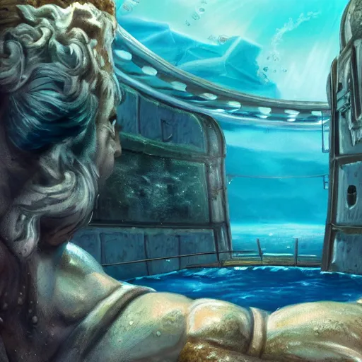 Image similar to zeus vs hercules at the underwater arena, atlantis, photorealistic, highly detailed, trending in artstation