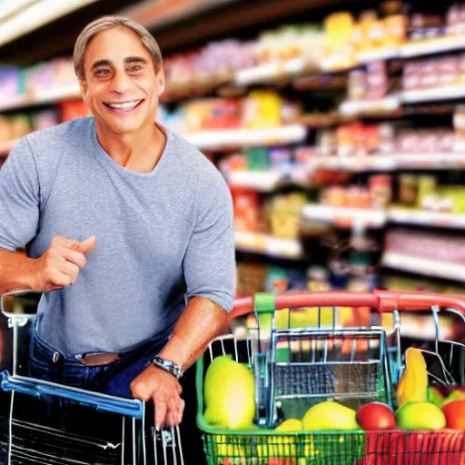 Prompt: Tony Danza with shopping cart at the grocery store